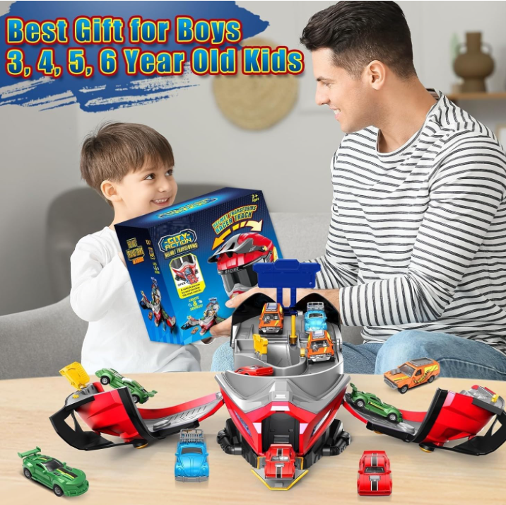 Transforming Helmet Race Track Playset with Die-Cast Cars