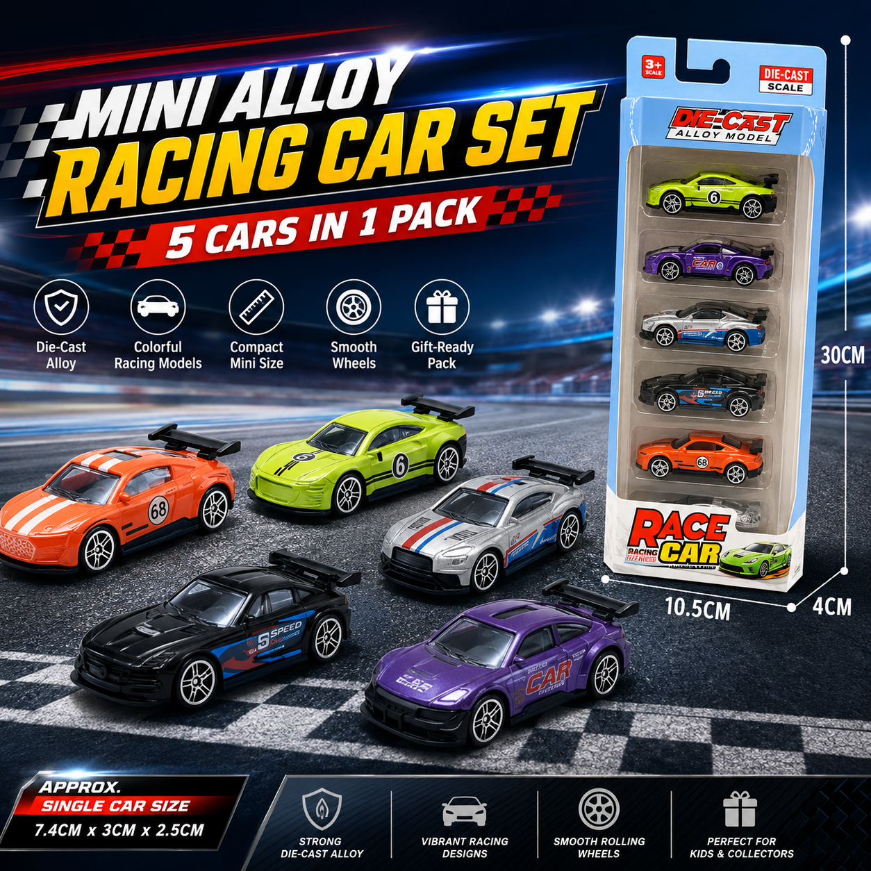 Mini Alloy Racing Car Set – 5 Die-Cast Race Cars in Gift-Ready Display Pack