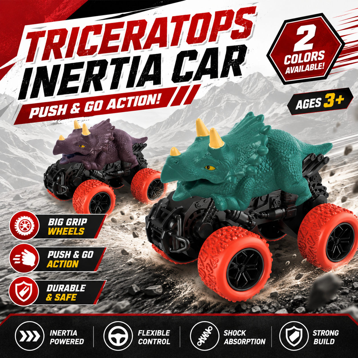 Triceratops Inertia Monster Truck – Push & Go Off-Road Toy Car for Kids