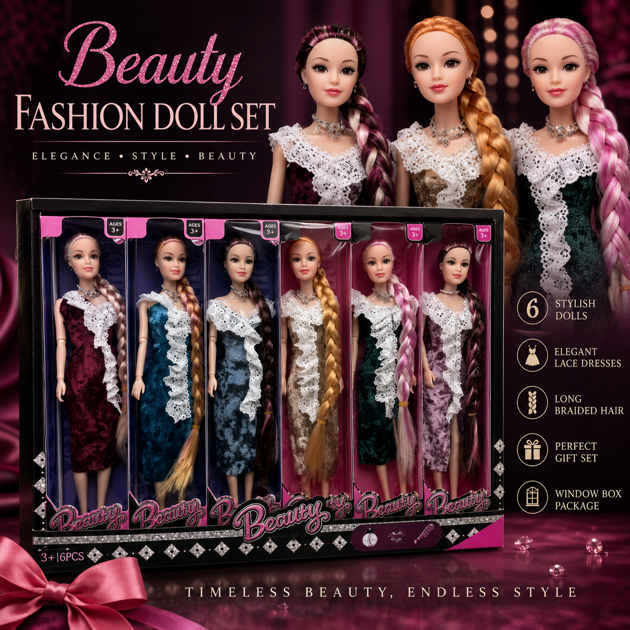 Beauty Fashion Doll Set – 6 Elegant Lace Gown Doll Collection