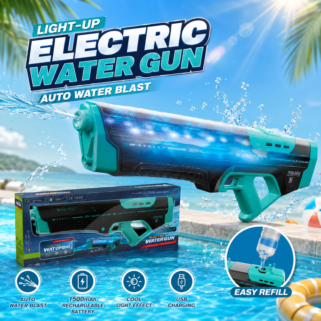 Light-Up Electric Water Gun with 1500mAh Rechargeable Battery