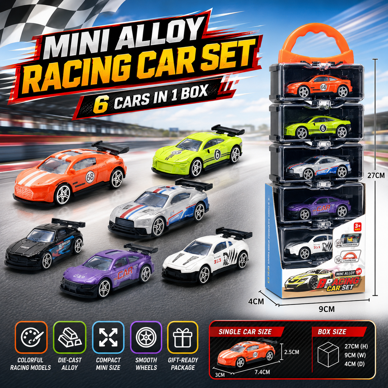 Mini Alloy Racing Car Set – 6 Die-Cast Race Cars with Stackable Carry Case