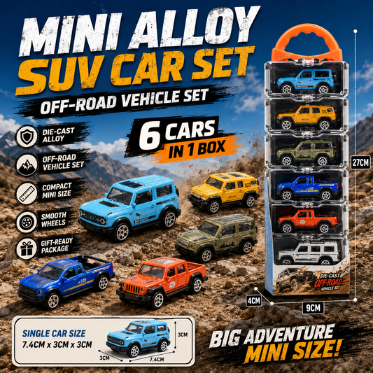 Mini Alloy SUV Car Set – 6 Die-Cast Off-Road Vehicles with Stackable Carry Case