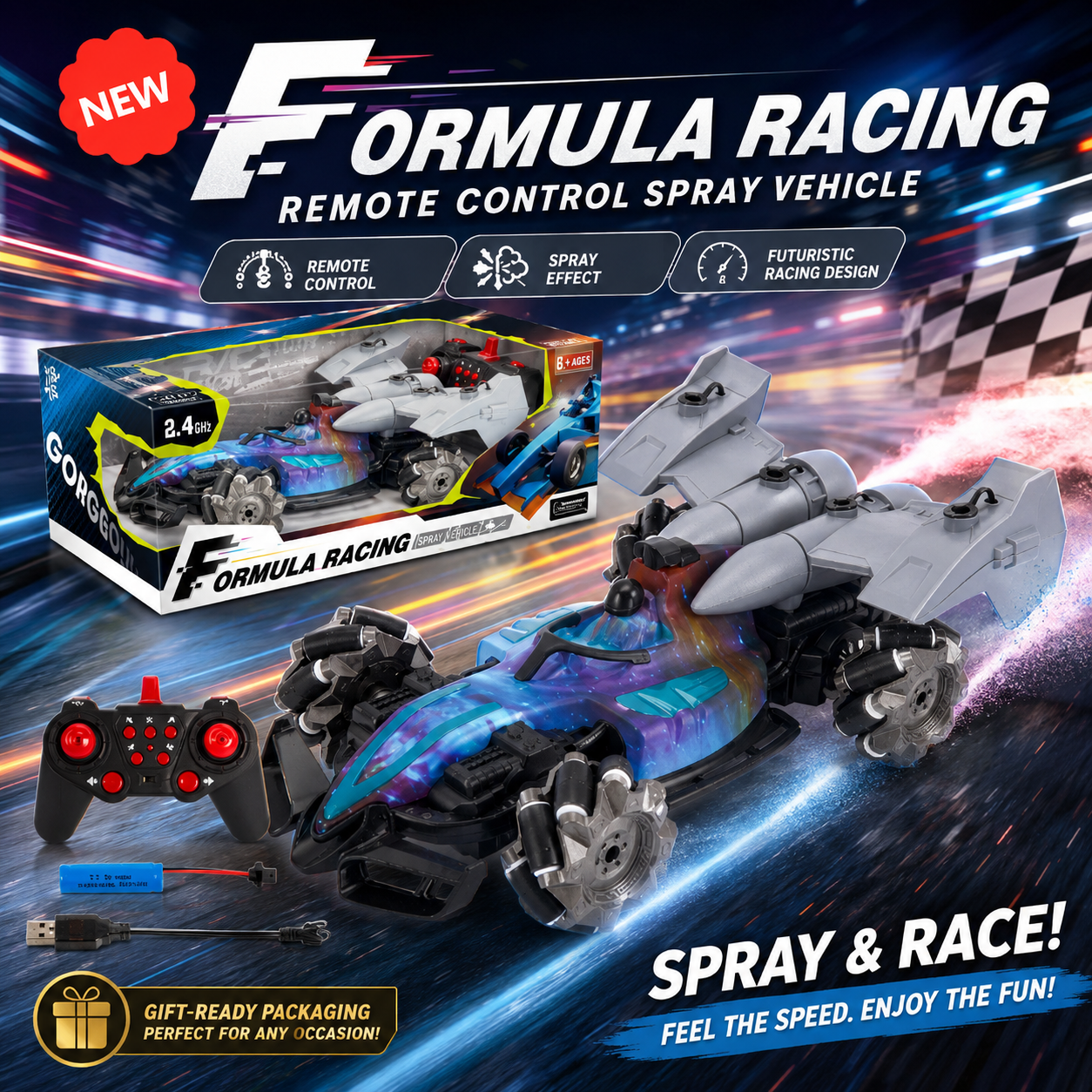 Formula Racing Spray RC Vehicle – Futuristic Remote Control Race Car with Spray Effect
