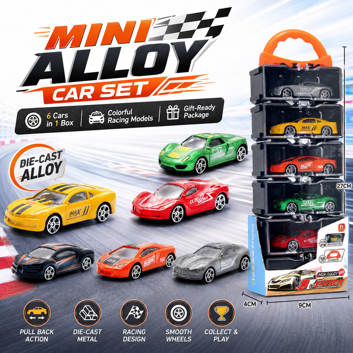 Mini Alloy Racing Car Set – 6 Colorful Die-Cast Cars with Stackable Carry Case