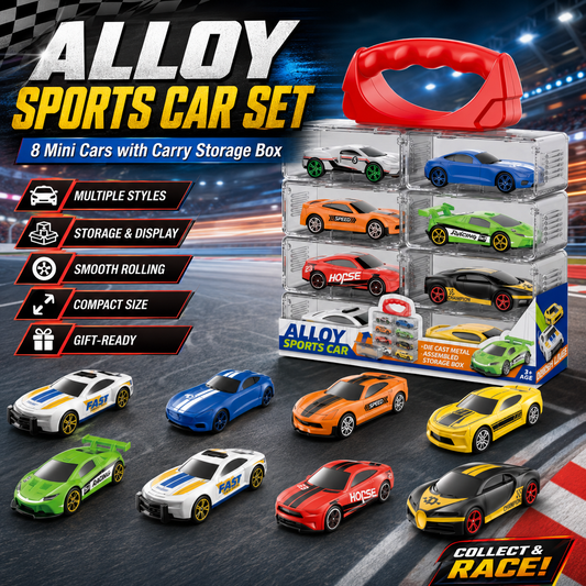 Alloy Sports Car Set – 8 Mini Die-Cast Cars with Carry Storage Bo