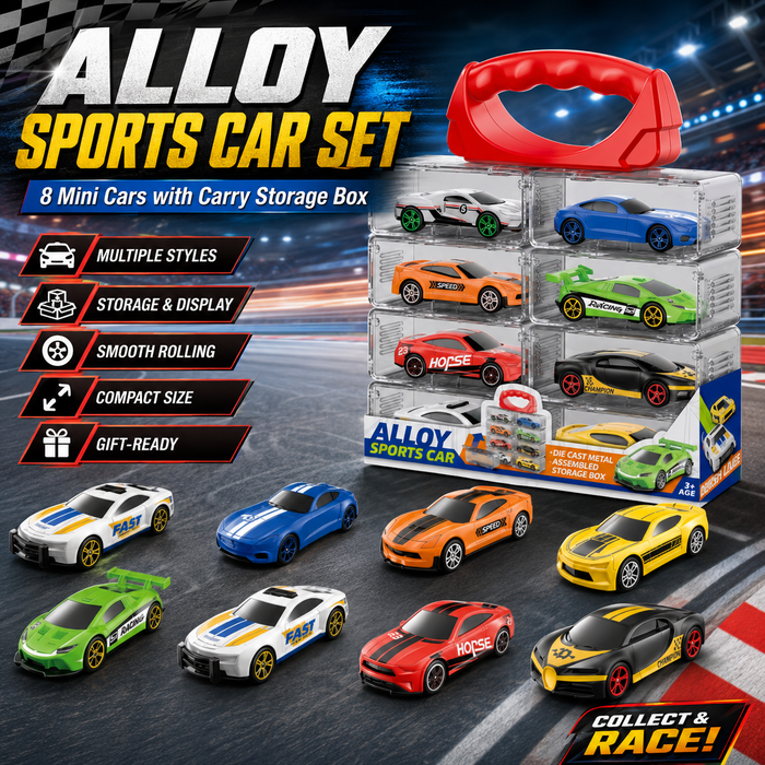 Alloy Sports Car Set – 8 Mini Die-Cast Cars with Carry Storage Bo