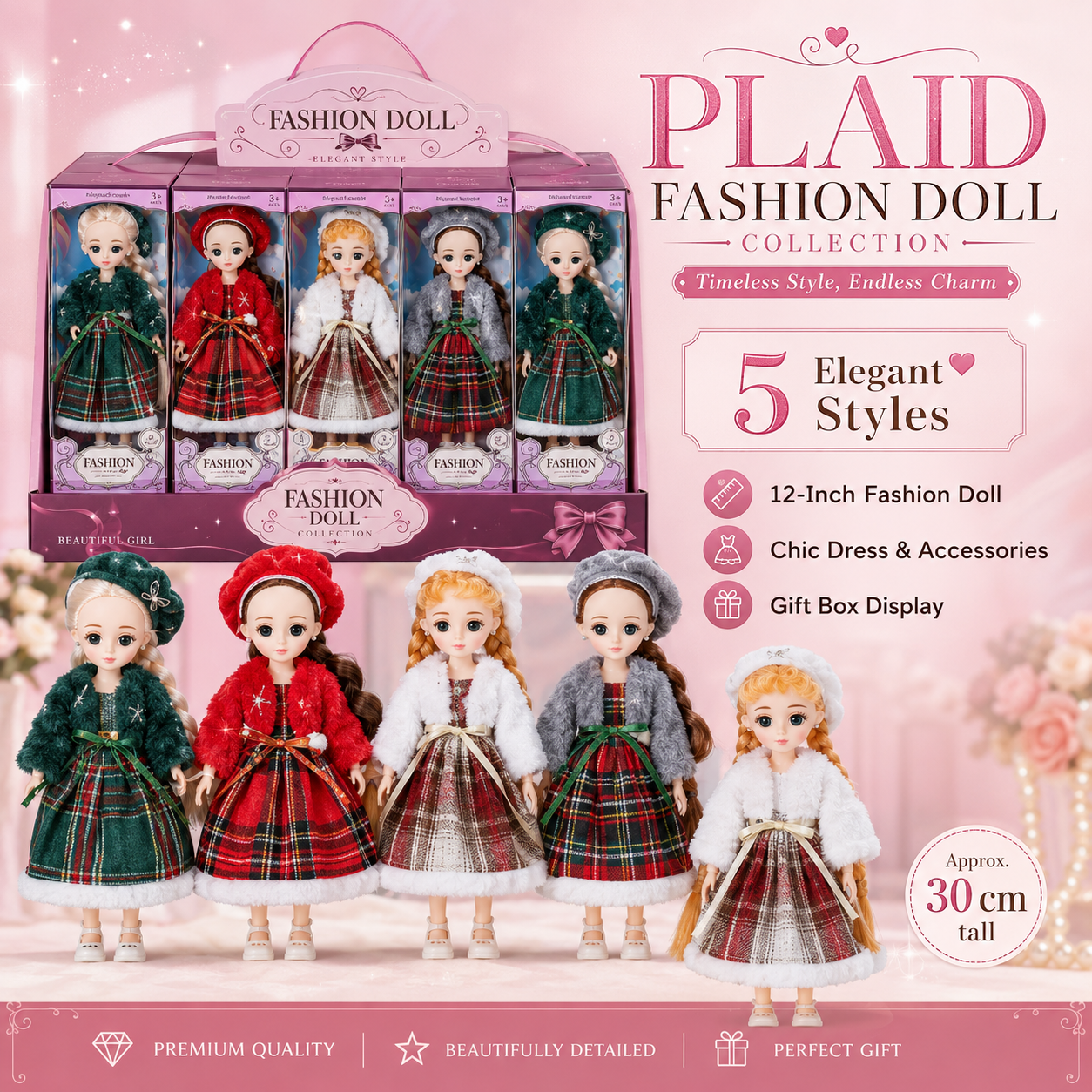 Plaid Fashion Doll Collection – 5 Elegant 12-inch Holiday Style Dolls