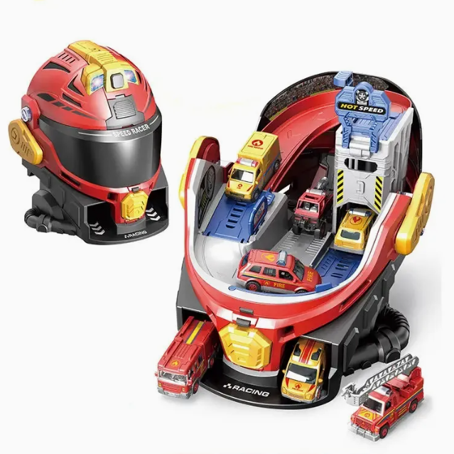 Transforming Helmet Race Track Playset with Die-Cast Cars