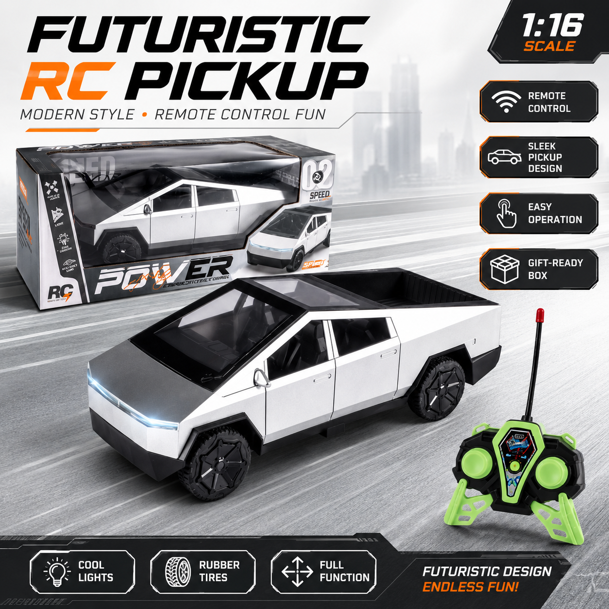 Futuristic RC Pickup Truck Toy with Full-Function Remote Control