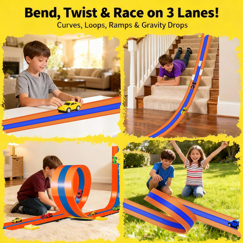 Flexible 3-Lane Race Track Toy with Loop Sets