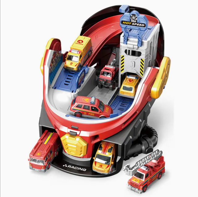 Transforming Helmet Race Track Playset with Die-Cast Cars