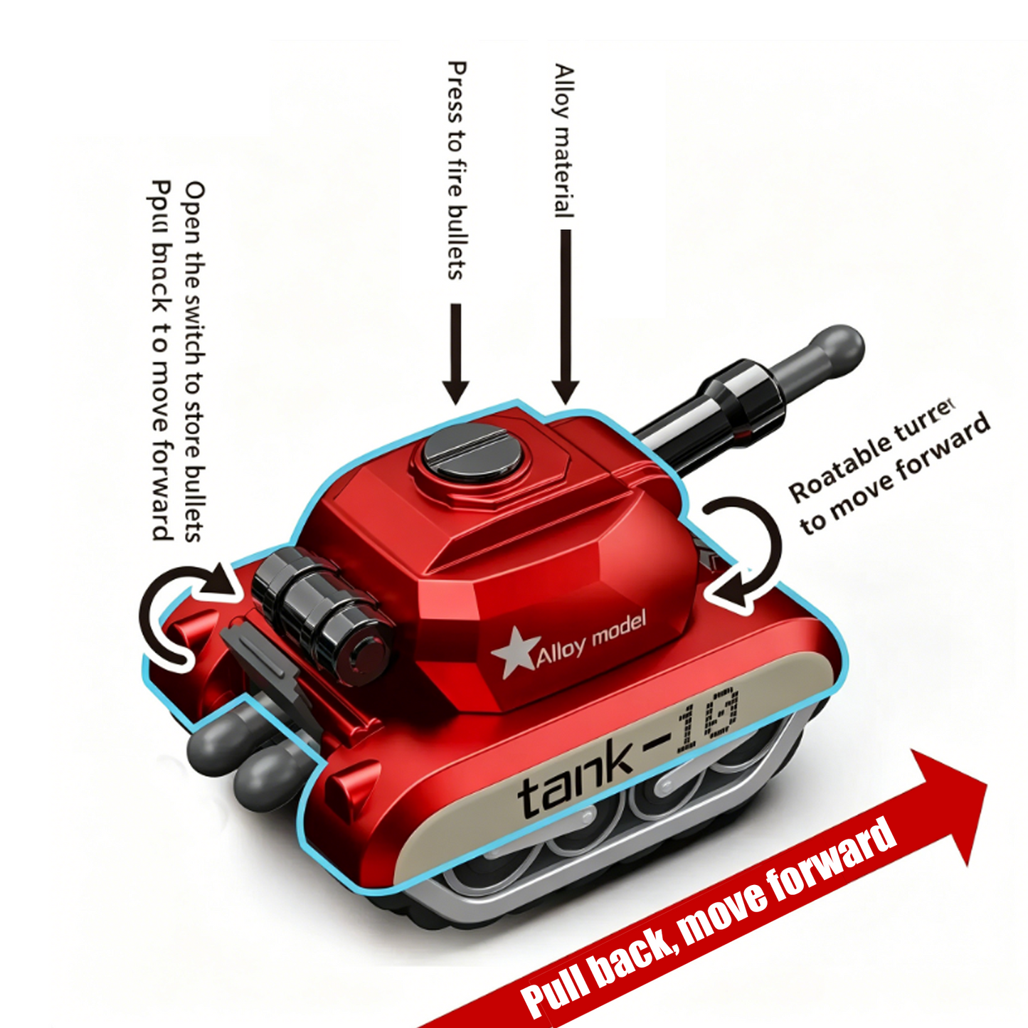 Alloy Pull-Back Tank Toy, Firing Bullet Shooting Tank for Kids
