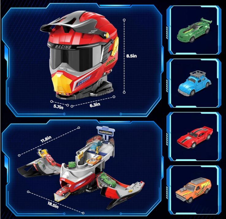 Transforming Helmet Race Track Playset with Die-Cast Cars